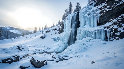 Frozen waterfall cascading down icy rocks surrounded by deep snow and evergreen trees in a bright winter landscape at sunset or sunrise