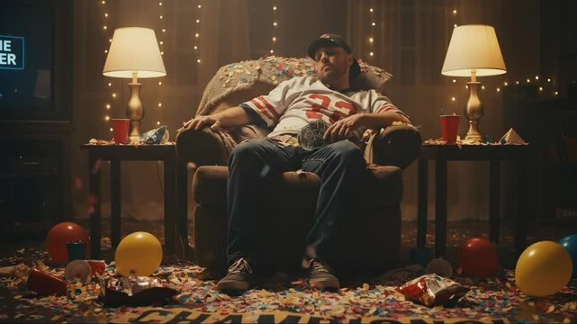 Male sports fan sleeping in armchair after game, surrounded by confetti, balloons, and championship banner.