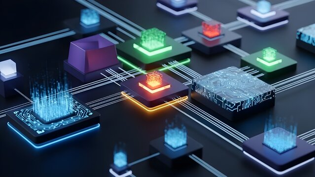 Futuristic data center visualization showing a complex network of glowing microprocessors and platforms, representing advanced computing and digital architecture.