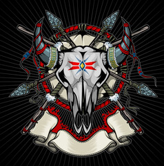 Tribal skull with crossed spears and axes in dark style