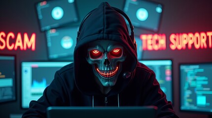 A male figure in a black hoodie and skull mask sits at a computer, surrounded by multiple screens displaying ominous messages.