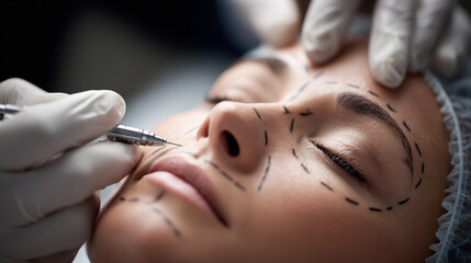 Close up of a woman undergoing a cosmetic procedure, with markings on her face and a professional applying the treatment with a medical needle.