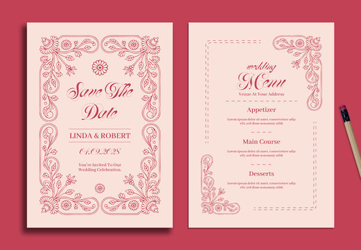 Elegant Wedding Invitation and Menu Card Template Set with Floral Line Art and Classic Typography