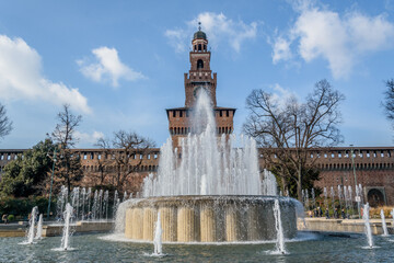 Sforzesco Castle and fountain, Milan, Italy
