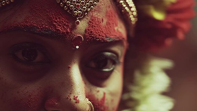 Indian Woman's Face Adorned with Red Powder and Traditional Jewelry for Cultural Festival