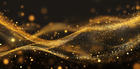 Gold glitter background with bokeh lights and abstract waves of golden particles.