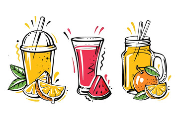 A delightful collection of hand-drawn fruit juice illustrations, featuring various refreshing summer drinks like orange and watermelon, perfect for healthy beverage concepts