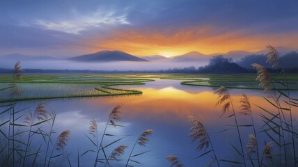 Fototapeta premium Stunning golden sunrise over misty rice paddies reflecting vibrant orange and blue sky with foreground reeds