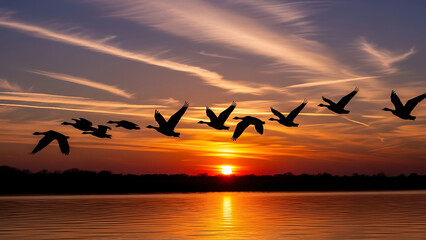 Geese flying in formation over water at sunset, reflecting the golden light of the sun on the surface