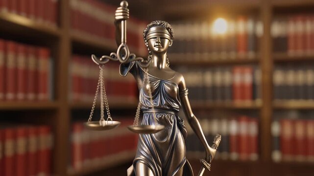 bronze blindfolded goddess representing law statue spinning, holding a scale and sword symbolizing impartiality and two broad sources of law in a university room with a background made of red books