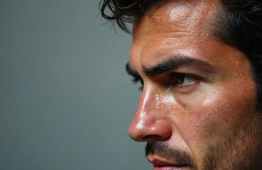 Obraz premium Close-up of a sweaty man face in profile. He looks worried and stressed, possibly exhausted from heat, fever, or work. The guy is perspiring, under stress.