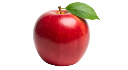 Fresh red apple with green leaf isolated on transparent background