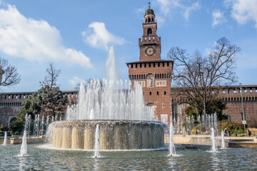 Sforzesco Castle and fountain, Milan, Italy