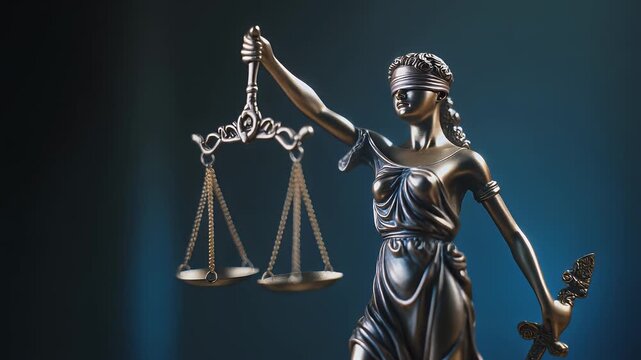 Cinematic and Atmospheric Close-up Shot of Scales that Lady Justice is Holding. The Statue is Blindfolded and Holding Sword. A Title Sequence for Court Show Mock-up. 