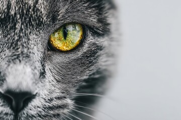 Stunning Close-up of a Majestic Gray Cat with Striking Green Eyes and Beautiful Whiskers Displayed