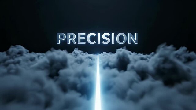 Glowing word Precision rises through dark clouds on a light ray