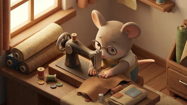 Mouse using sewing machine creating tiny garment. Cartoon animal character as tailor. Craft and hobby concept.