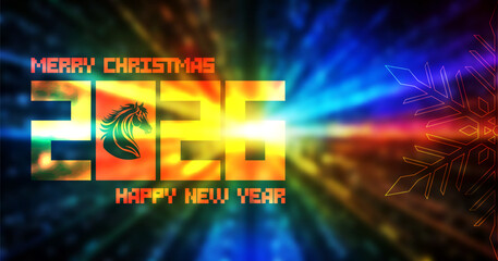 Vector festive dark radiant blurred holiday abstract futuristic banner. Merry Christmas and Happy New Year 2026. Fire Horse according to the Chinese zodiac. Snowflake