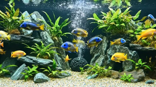 A serene and vibrant underwater scene showcases a diverse array of colorful freshwater fish gracefully swimming through a meticulously arranged aquarium. Bright yellow and striking blue-headed fish, a