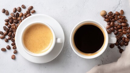 Fresh espresso and black coffee cups with scattered roasted beans offering choice and energy white background a bright