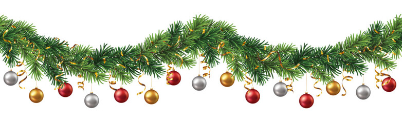 Decorative banner or seamless pattern with green branches and christmas ornaments and streamers on transparent background