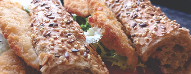Healthy food. Seeded bread with chicken and vegetables.	