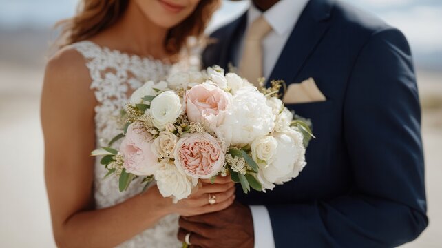 Bride and groom holding wedding bouquet, hands showing rings, celebrating beginning and new a marriage - Powered by Adobe