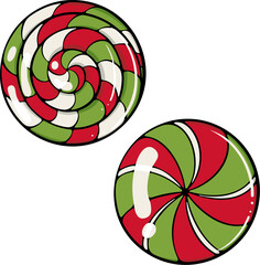 Two colorful twisted striped candy in red and green. Holiday sweet for card, poster, seasonal graphic projects. Simple vector color illustration with outline in hand drawn style isolated on white