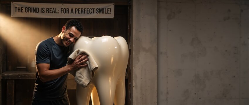 A smiling man lovingly polishes a giant molar tooth. A funny conceptual image about dental care, oral hygiene, and the grind for a perfect smile - Powered by Adobe