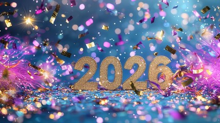 Golden glitter numbers 2026 standing on festive background with bokeh lights and colorful confetti, celebrating year upcoming new event