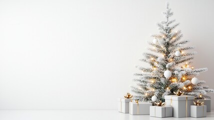 Flocked christmas tree with white ornaments and golden lights, gifts copy branches with under space