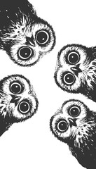 Naklejka premium wide-eyed owls peeking downward with expressive faces sketch engraving generative ai raster illustration. Scratch board imitation. Black and white image.