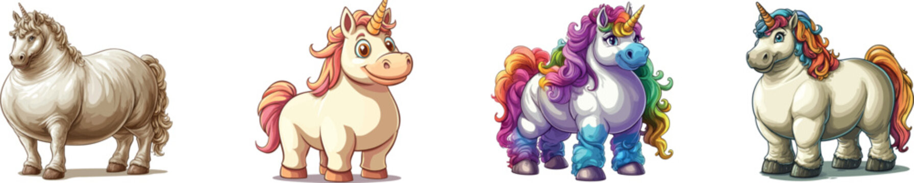 A modern clip art illustration, featuring a fat cartoon unicorn in a seated position, with simple gradients, all contained within a single layer