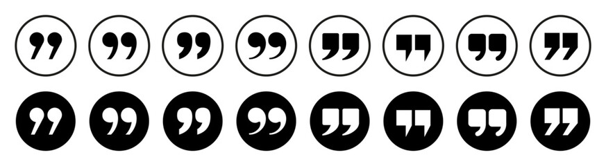Obraz premium Quotation marks round icon buttons set, inverted commas or talking marks, quote speech marks