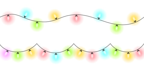 Naklejka na ściany i meble Realistic glowing colorful hanging Christmas lights, decoration lights seamless repeatable isolated realistic design elements, bright garlands bulbs, glowing lights