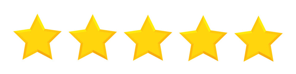 Five stars rating sign, customer reviews sign, rating service, 3d 5 gold shiny stars good client satisfaction, user experience best customer feedback concept, symbol of best quality