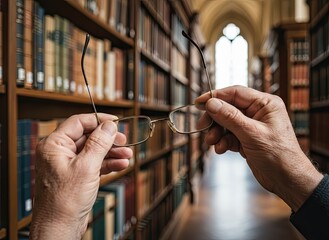 Elderly Hands Holding Glasses in a Grand Library Surrounded by Tall Bookshelves and Natural Light Streaming Through Arched Windows