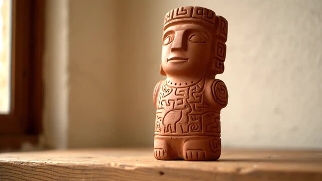 Andean culture concept: terracotta idol statue with traditional patterns on table.