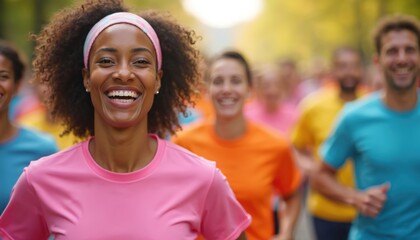 Diverse group runs charity event. Runners wear shirts, smiling, enjoying together. Sporty men, women participate in colorful run. Community celebrates fitness, fun. Joggers in park raise awareness