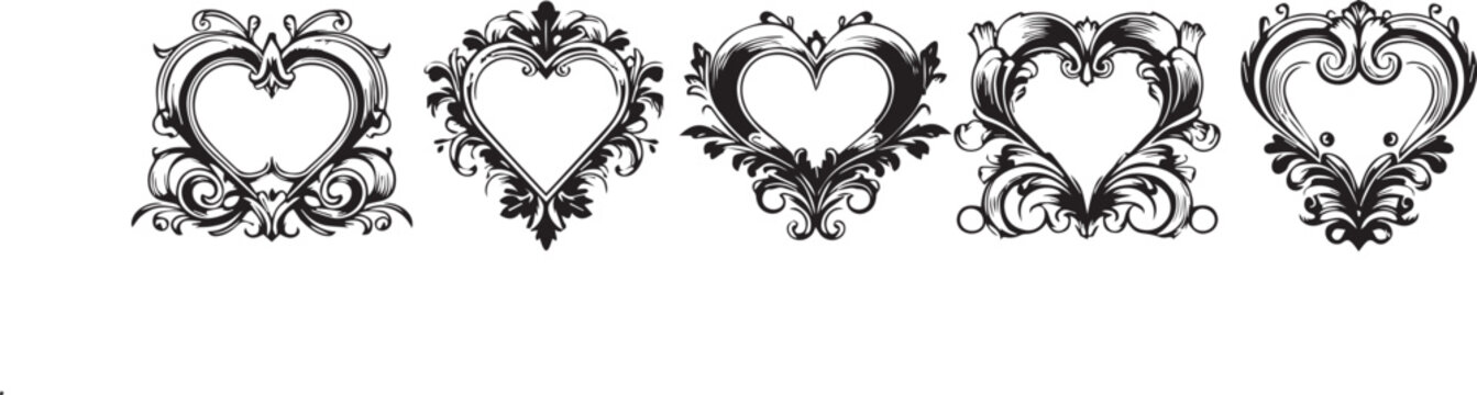 Doodle picture frame, hand drawn line vintage border, classic gallery empty decor vector baroque art. Ornamental decoration heart, oval shapes, swirl arch. Picture frame icon