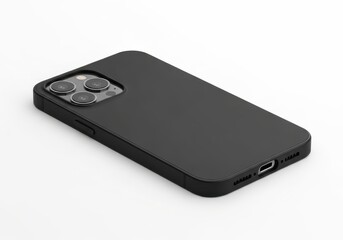 Modern smartphone encased in a protective matte black cover with a prominent triple camera array viewed from an elevated angle.