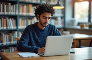 Young Latin American student uses laptop in library setting. Man studies at desk surrounded by books. Guy browses internet for info. Modern education concept.