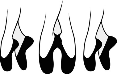 Isolated a black silhouette set of ballet shoes in classic positions vector art with white background.