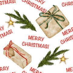 Merry christmas watercolor presents and tree branches seamless pattern.