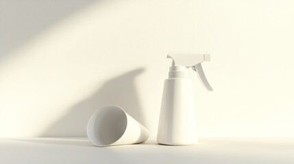 Cleaning spray bottle positioned next to a tipped-over child's cup on a neutral background, showcasing a minimalist and serene cleaning scene