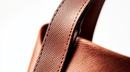 Close-up of textured handbag strap against smooth white background, showcasing the intricate details and craftsmanship of the leather material