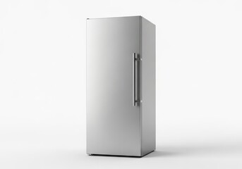Tall, modern refrigerator unit stands isolated against a bright white background