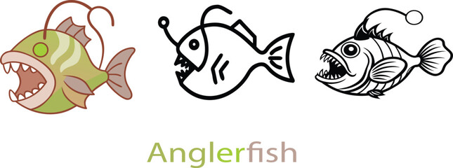 Deep Sea Anglerfish Vector Illustration Set