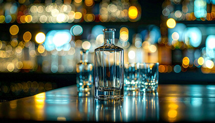 Liquor Bottle and Glass on Bar with Bokeh Background