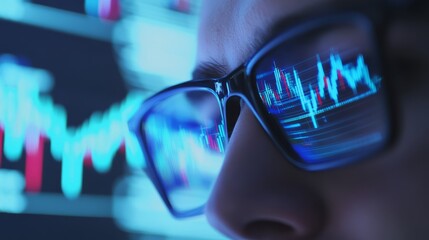 Close up of man with glasses reflecting digital stock market data, showcasing vibrant graphs and trends in a high-tech financial environment